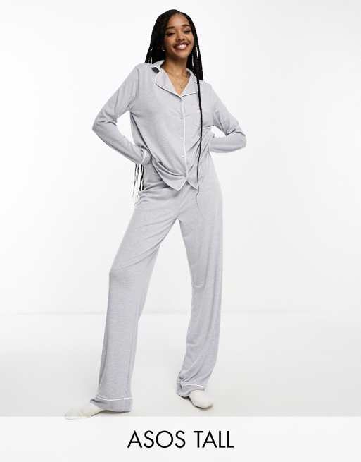 ASOS DESIGN Tall soft jersey long sleeve shirt & pants pajama set with  contrast piping in gray heather