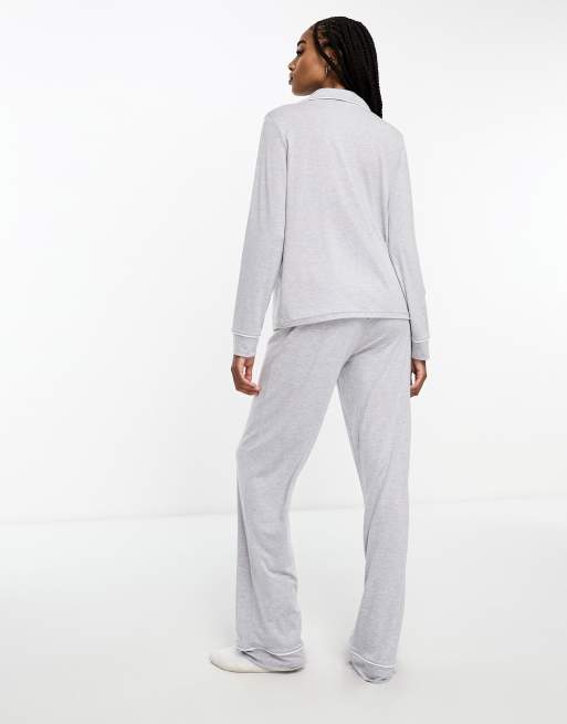 ASOS DESIGN Tall soft jersey long sleeve shirt & pants pajama set with  contrast piping in gray heather