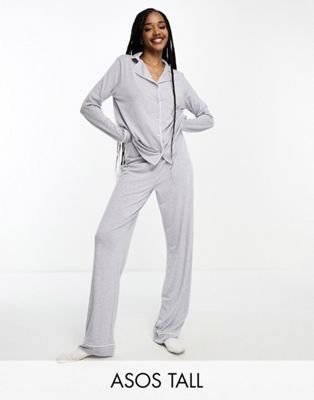 ASOS DESIGN Tall soft jersey long sleeve shirt & trouser pyjama set with contrast piping in grey marl
