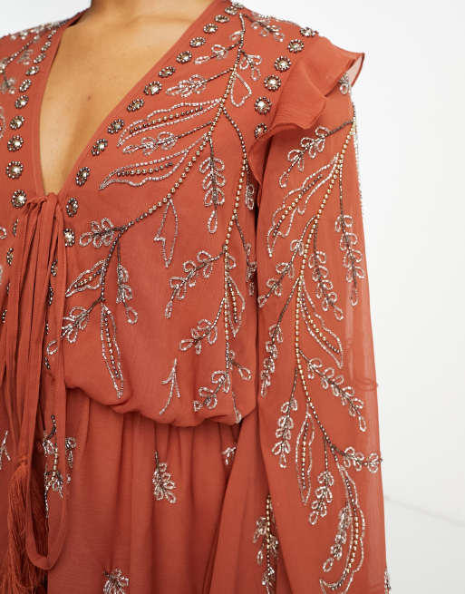 ASOS DESIGN Tall soft midi dress with button front and trailing floral  embellishment in rust | ASOS