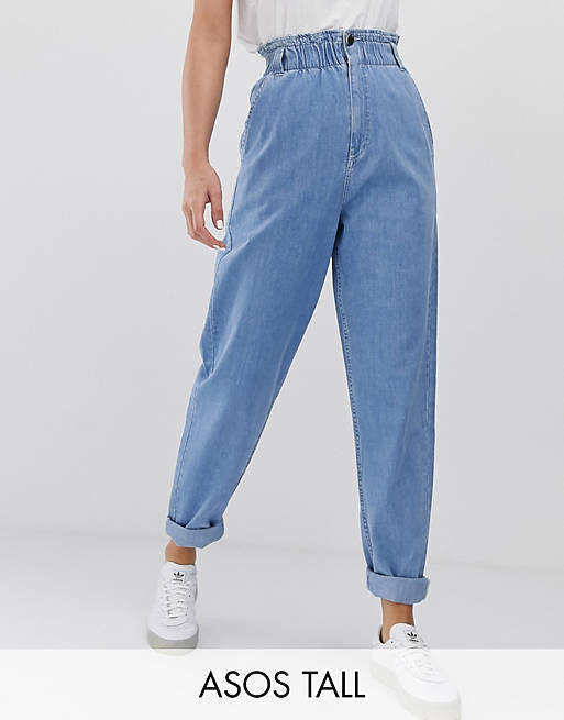 ASOS DESIGN Tall Soft peg jeans in light vintage wash with elasticated cinch waist detail