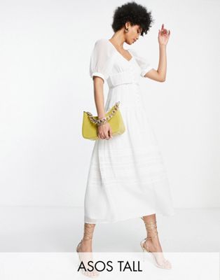 ASOS DESIGN Tall soft sweetheart neck button through midi dress with lace inserts in cream