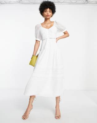 ASOS Design Tall Soft Sweetheart Neck Button Up Midi Dress with Lace Inserts in cream-White