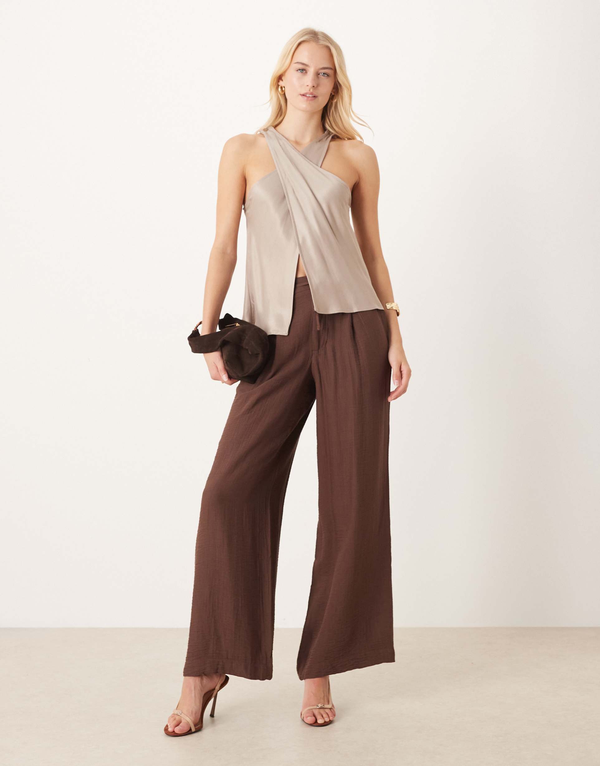 asos design tall soft texture wide leg pants with contrast stitch in chocolate