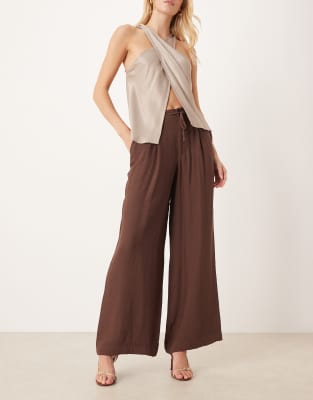 Asos Design Tall Soft Texture Wide Leg Pants With Contrast Stitch In Brown