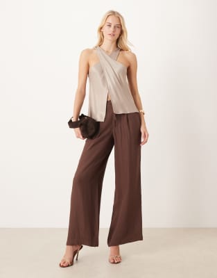 ASOS Tall ASOS DESIGN Tall soft texture wide leg trousers with contrast stitch in chocolate-Brown