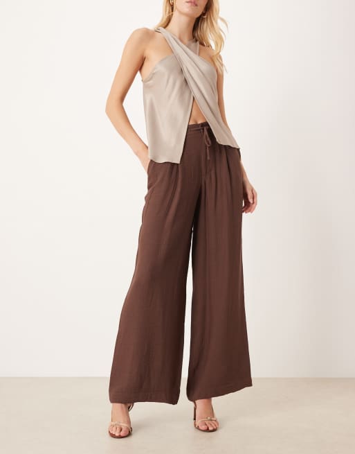 ASOS DESIGN Tall soft texture wide leg trousers with contrast stitch in chocolate, 2 of 5