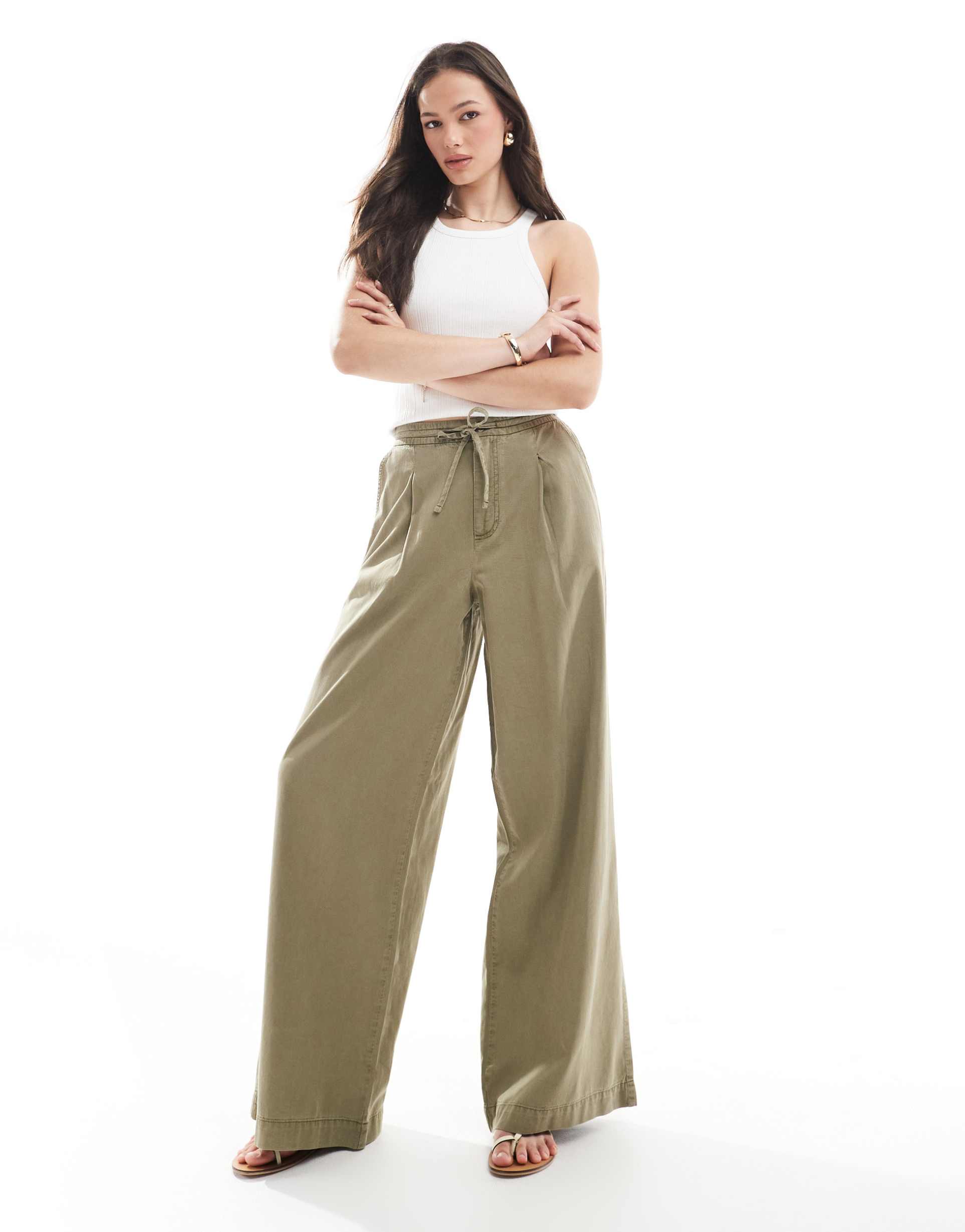 asos design tall soft wide leg pants in washed khaki
