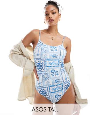 Shop ASOS Tall DESIGN Soleil square neck skinny strap swimsuit in blue Online – Trendy & Affordable Fashion