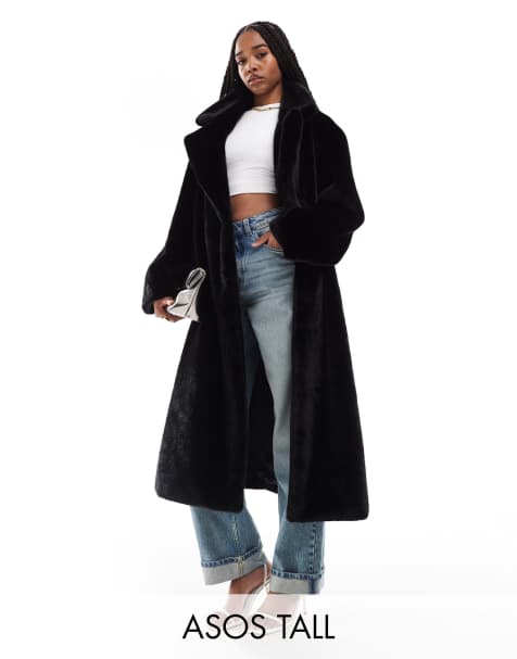 ASOS DESIGN Tall - Sort afslappet longline-frakke i imiteret pels - view 1