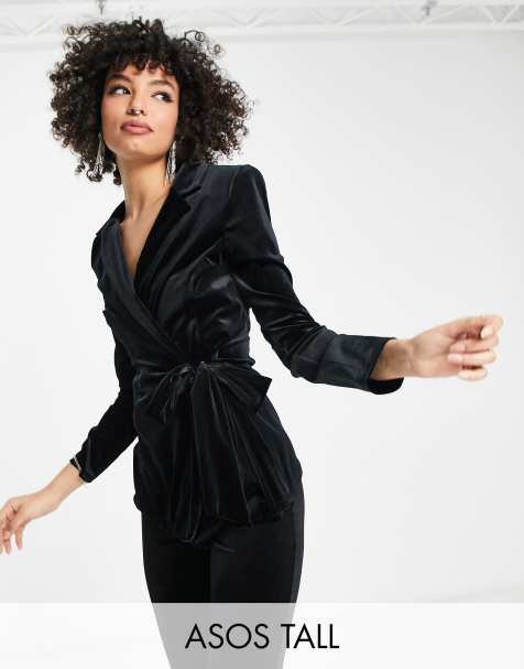 ASOS DESIGN Tall - Sort habitblazer med slå-om-detalje og bindebånd i siden i velour - view 1