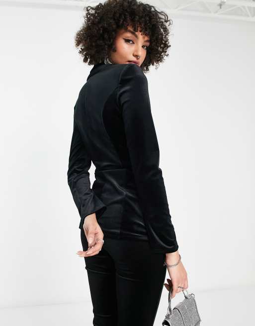 ASOS DESIGN Tall - Sort habitblazer med slå-om-detalje og bindebånd i siden i velour, 2 af 4