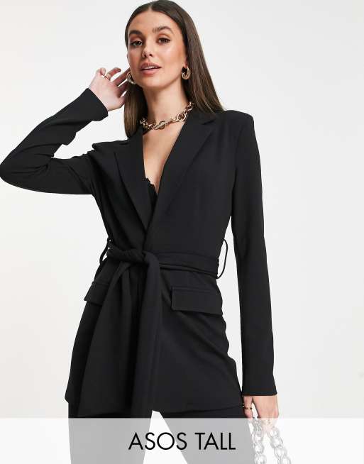 ASOS DESIGN Tall - Sort habitjakke med bindebælte i taljen i jersey