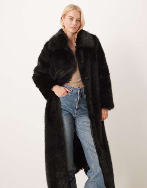 ASOS DESIGN Tall - Sort longline-frakke med krave i imiteret pels - view 1