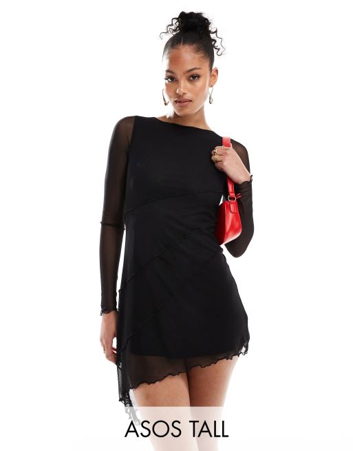 ASOS DESIGN Tall - Sort minikjole med asymmetrisk kant og diagonale sømdetaljer i mesh