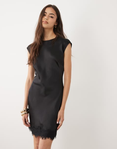ASOS DESIGN Tall - Sort minikjole med bred halsudskæring og blondekant i satin - view 1