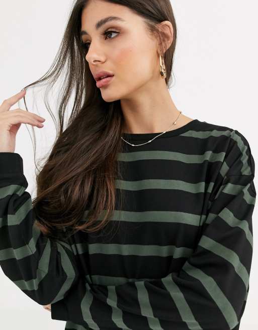 ASOS DESIGN Tall - Sort og kakifarvet stribet oversized T-shirt-kjole, 3 af 4