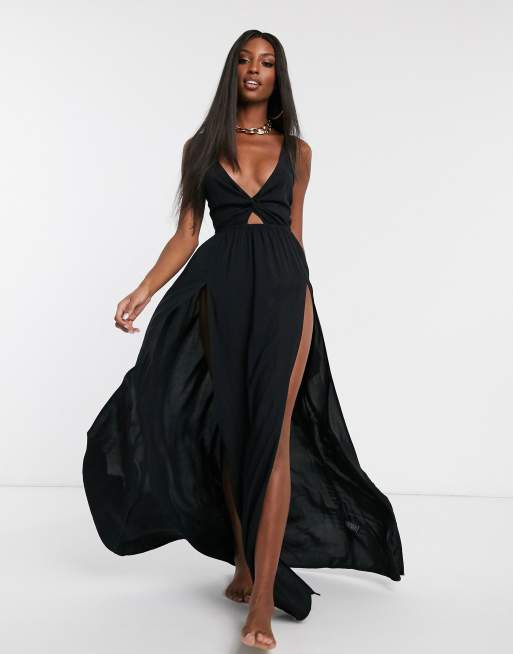 ASOS DESIGN TALL - sort strand maxikjole med snoet frontdetalje og bindebånds ryg, 4 af 4