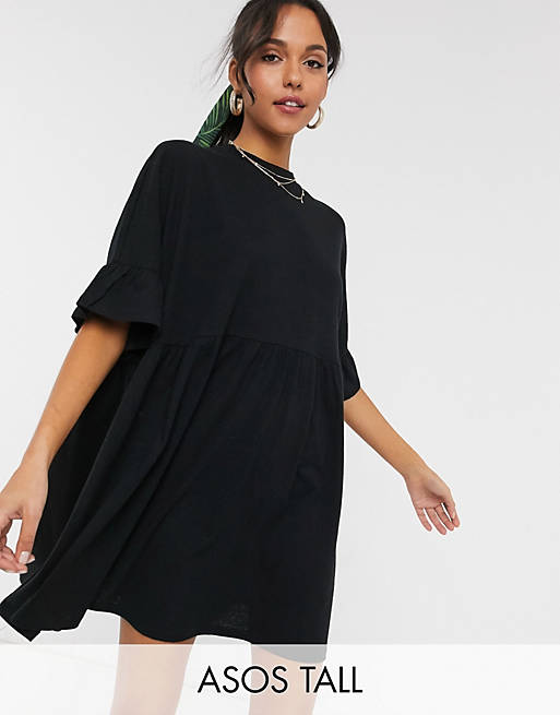 ASOS DESIGN Tall - Sort super-oversized smock-kjole med flæseærmer