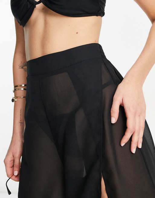 ASOS DESIGN Tall - Sorte gennemsigtige strandbukser med ben med vidde og slids fortil, 3 af 4