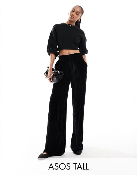 ASOS DESIGN Tall - Sorte pull-on-bukser i velour med rynker - view 1