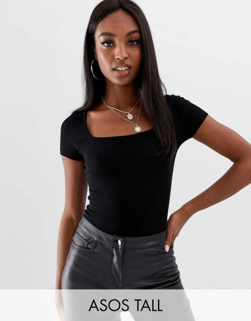 Black Square Neck Cap Sleeve Bodysuit, Tops