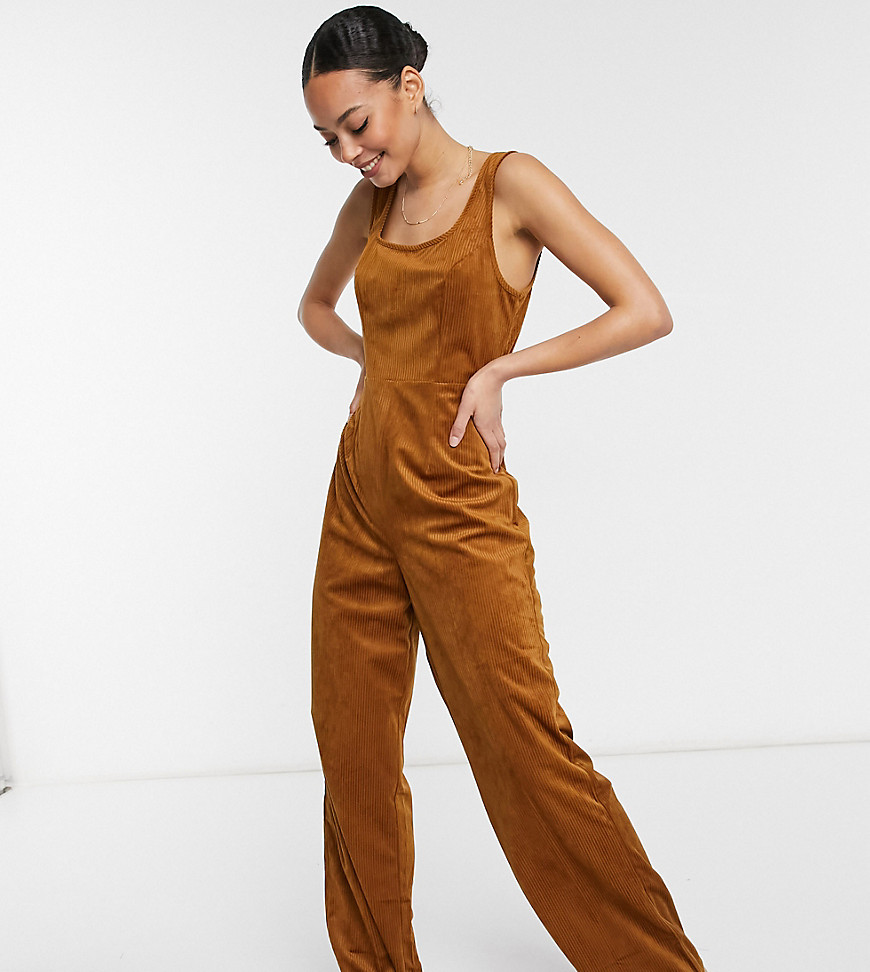 Asos Tall Asos Design Tall Square Neck Corduroy Tie Waist Jumpsuit In Tan-red