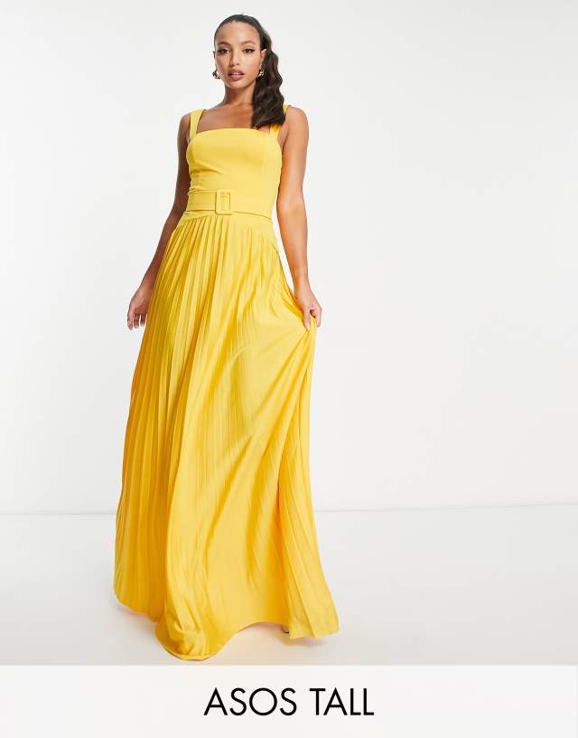 ASOS Tall - ASOS DESIGN Tall square neck dropped waist belted pleat maxi dress in marigold