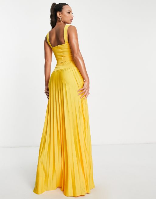 marigold pleated maxi dress ASOS DESIGN Tall square neck dropped waist belted pleated maxi dress in  marigold