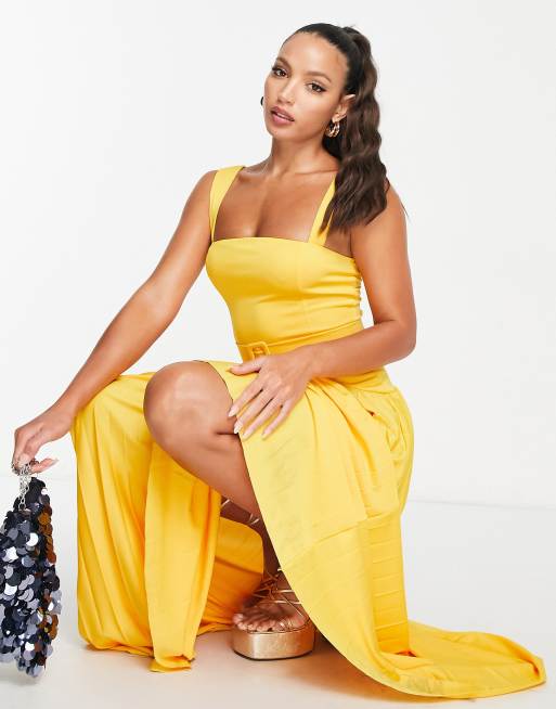ASOS DESIGN Tall square neck dropped waist belted pleated maxi dress in  marigold | ASOS