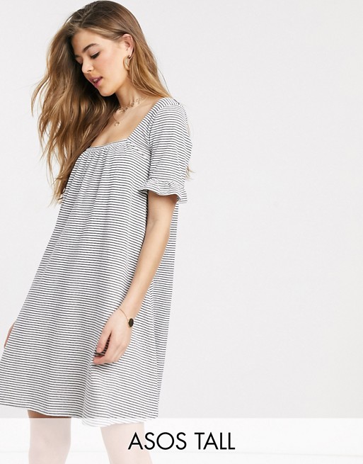 ASOS DESIGN Tall square neck frill sleeve smock dress in navy and cream stripe