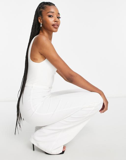 ASOS DESIGN scuba one shoulder kick flare jumpsuit in white - ShopStyle