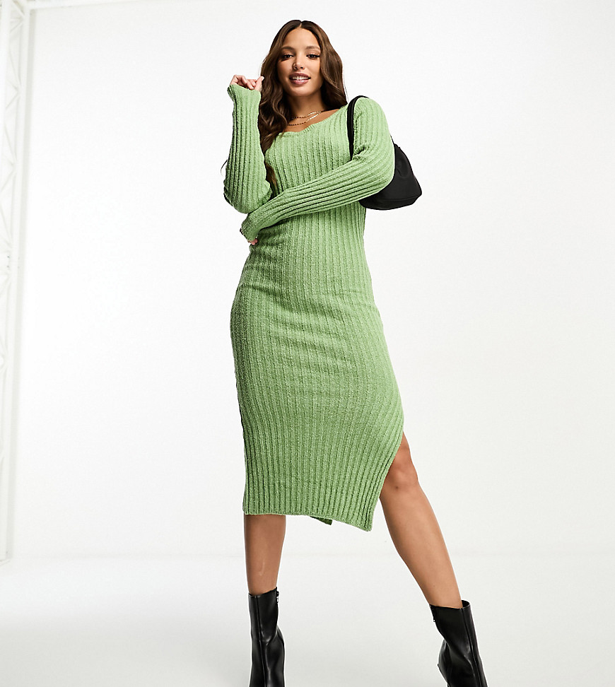 Asos Tall Asos Design Tall Square Neck Knitted Midi Dress In Textured Yarn In Khaki-green