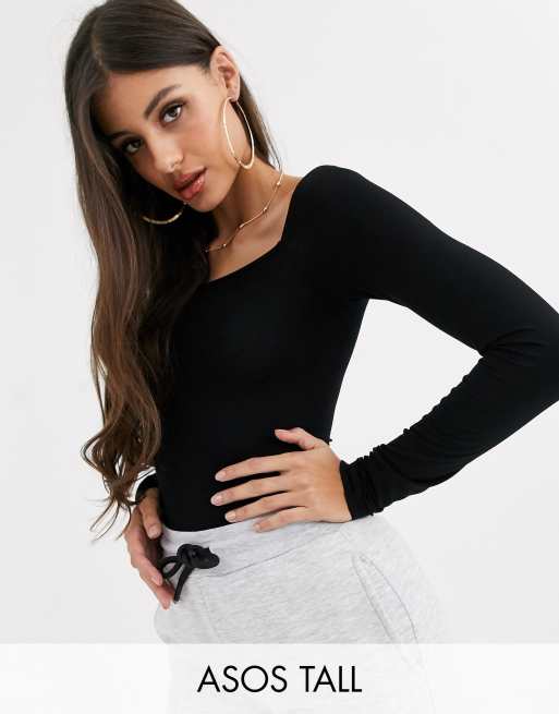 Black Square Neck Cap Sleeve Bodysuit, Tops