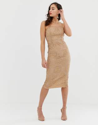 asos design square neck midi pencil dress in lace