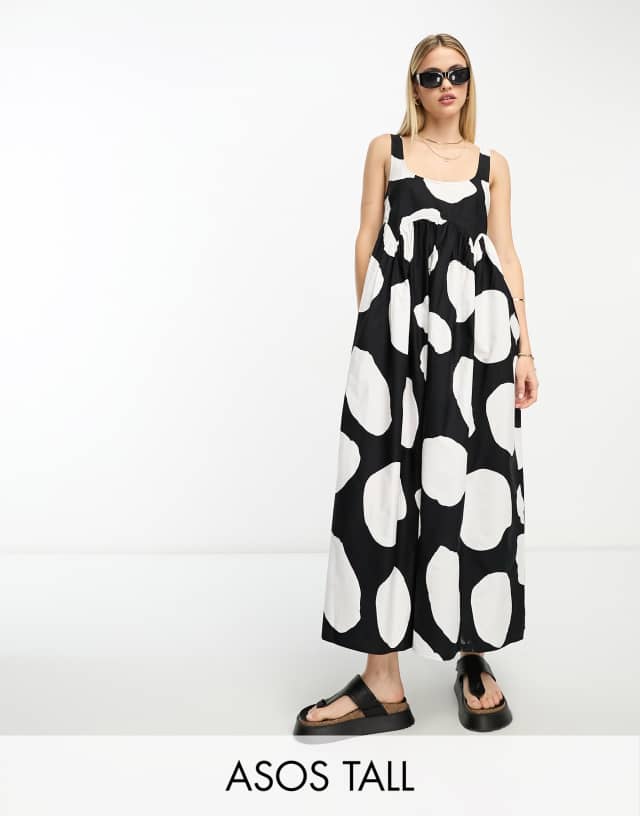 ASOS DESIGN Tall square neck midi smock sundress in large mono abstract spot