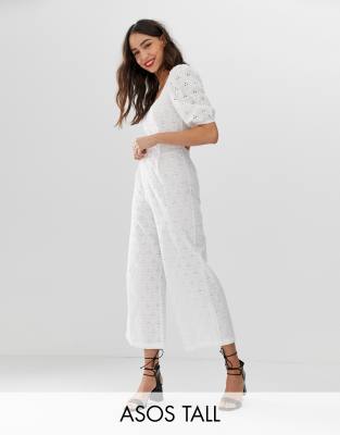 ASOS DESIGN Tall square neck puff sleeve jumpsuit in broderie-White