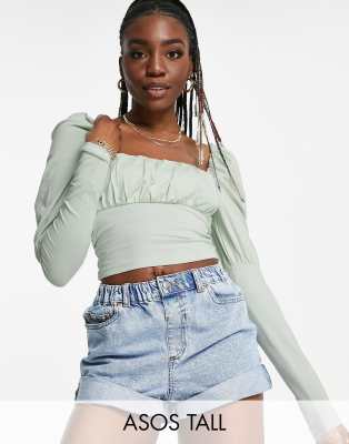 ASOS DESIGN Tall square neck ruched bust long sleeve top in sage green