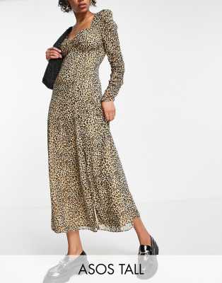 ASOS DESIGN Tall square neck ruched button front midi tea dress in animal print-Multi