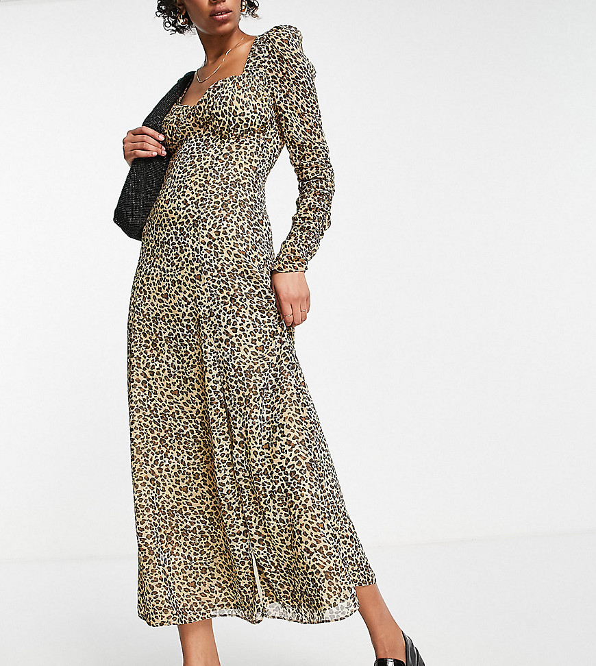ASOS DESIGN Tall square neck ruched button front midi tea dress in animal print-Multi