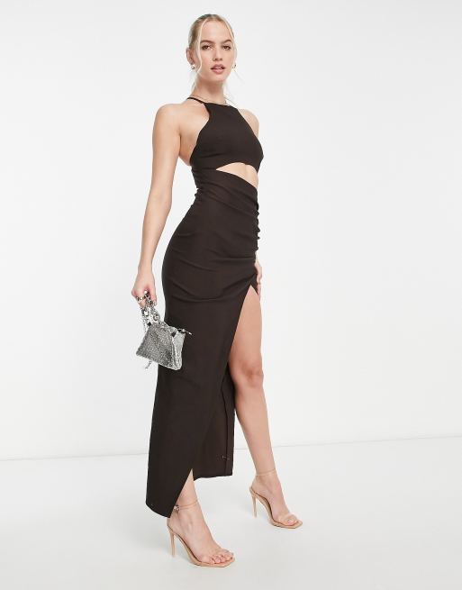 ASOS DESIGN Tall square neck structured midi dress with drape skirt in chocolate ASOS