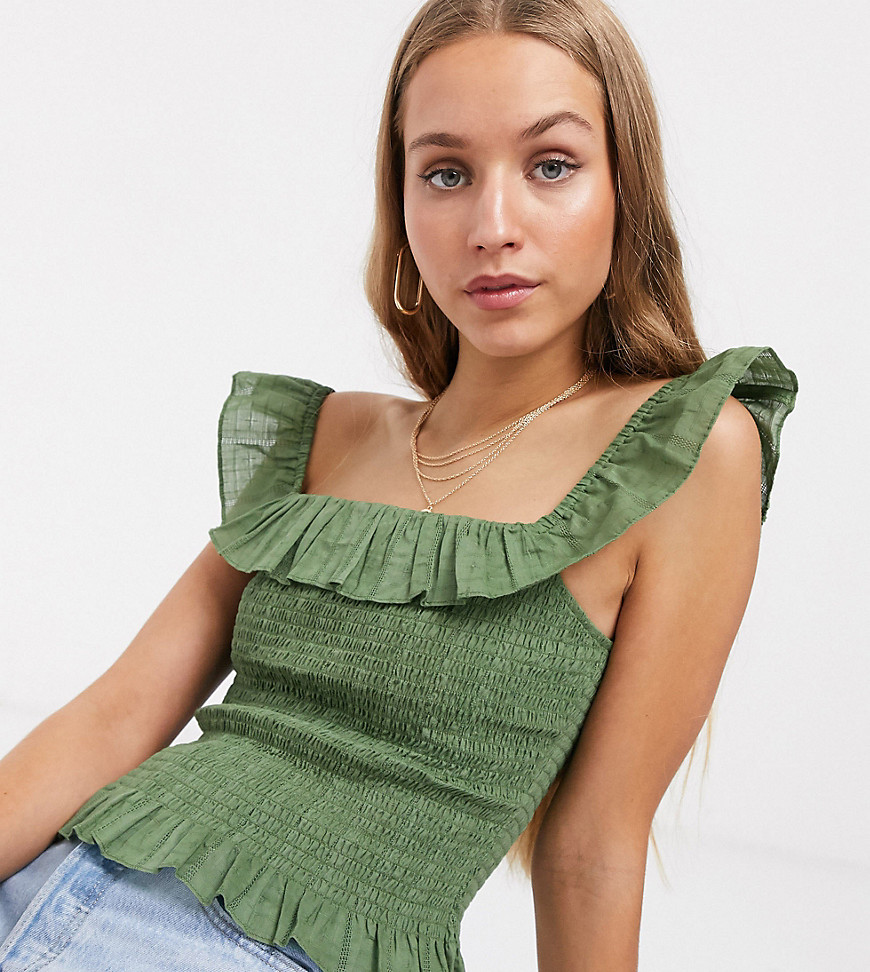 ASOS DESIGN Tall square neck sun top with shirring and ruffle detail in khaki-Green