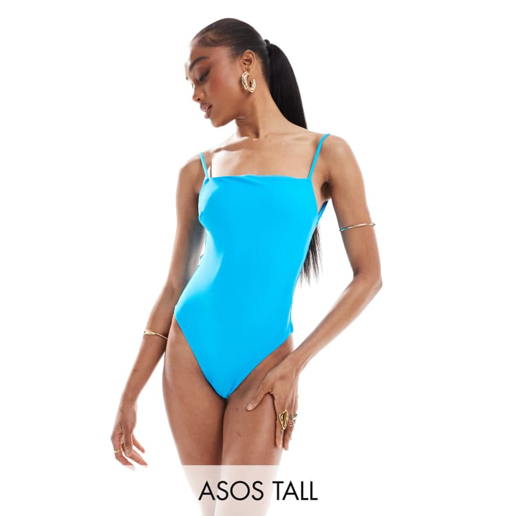 ASOS DESIGN waffle texture square neck swimsuit in aqua blue glitter