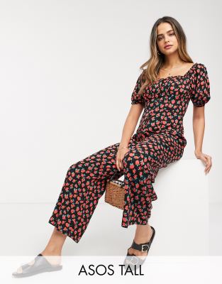 ASOS DESIGN Tall square neck tea jumpsuit in red floral print-Multi