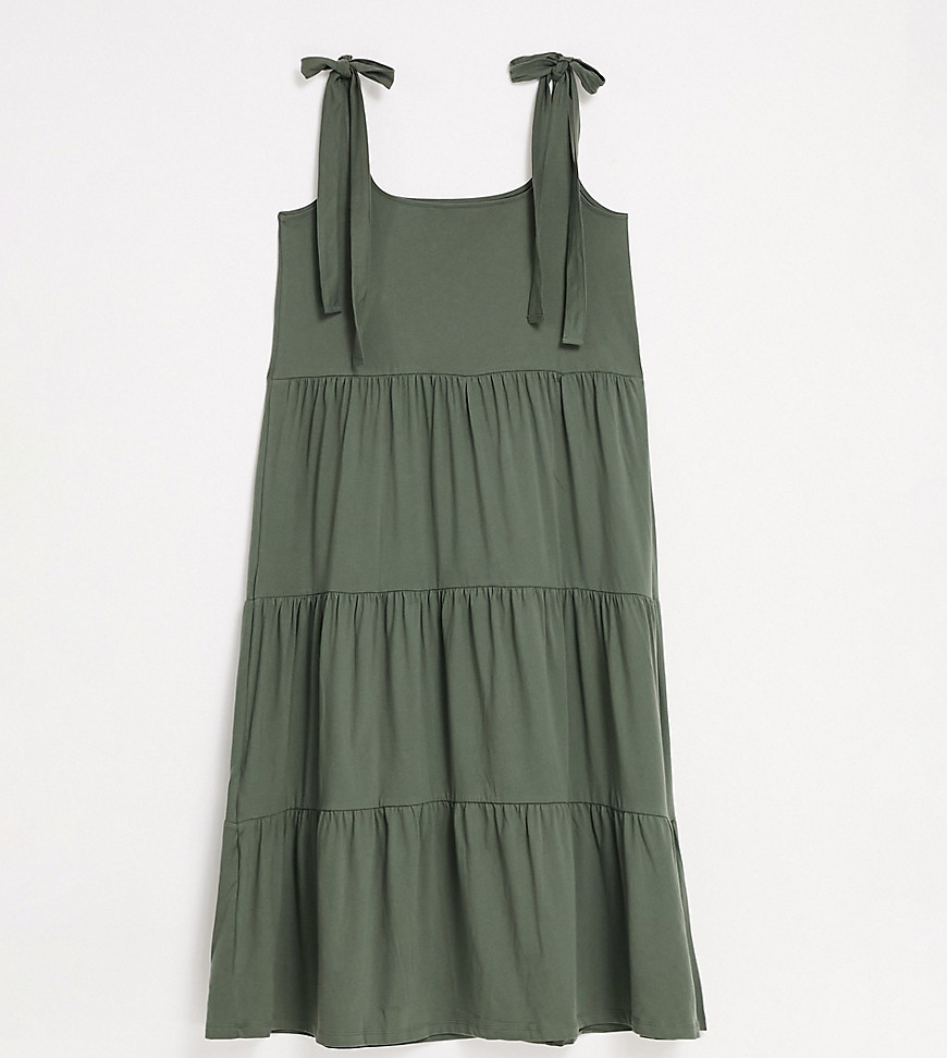 ASOS DESIGN Tall square neck tie shoulder tiered maxi dress in khaki-Green
