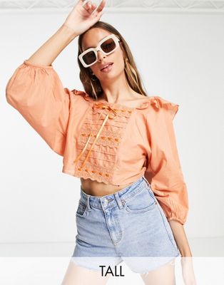 ASOS DESIGN Tall square neck top with frill detail & ribbon insert in light rust
