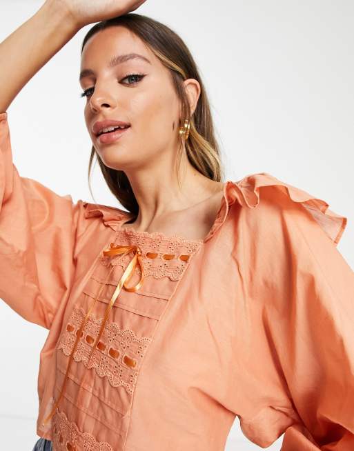 ASOS DESIGN Tall square neck top with frill detail & ribbon insert in light  rust