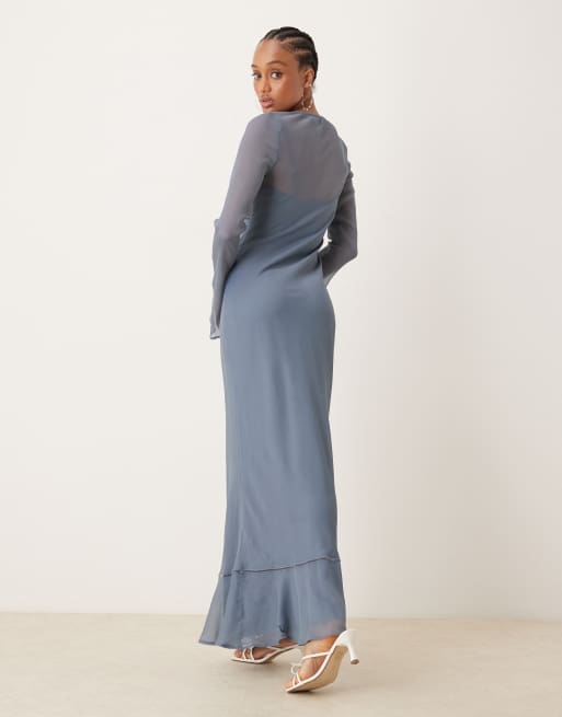 ASOS DESIGN Tall - Stålblå maxikjole med lange ærmer og rynker på brystet, 2 af 4