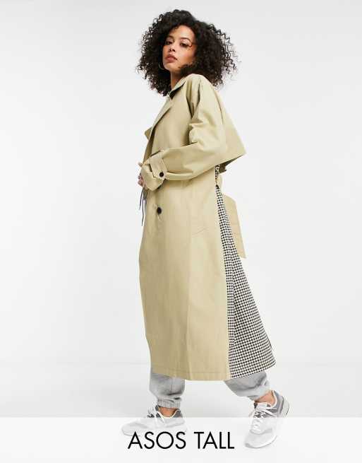 ASOS DESIGN Tall – Stenfärgad oversized trenchcoat med delad design med rutigt mönster på ryggen