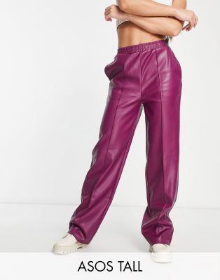 Asos Design Tall Straight Faux Leather Jogger Pants In Plum-red